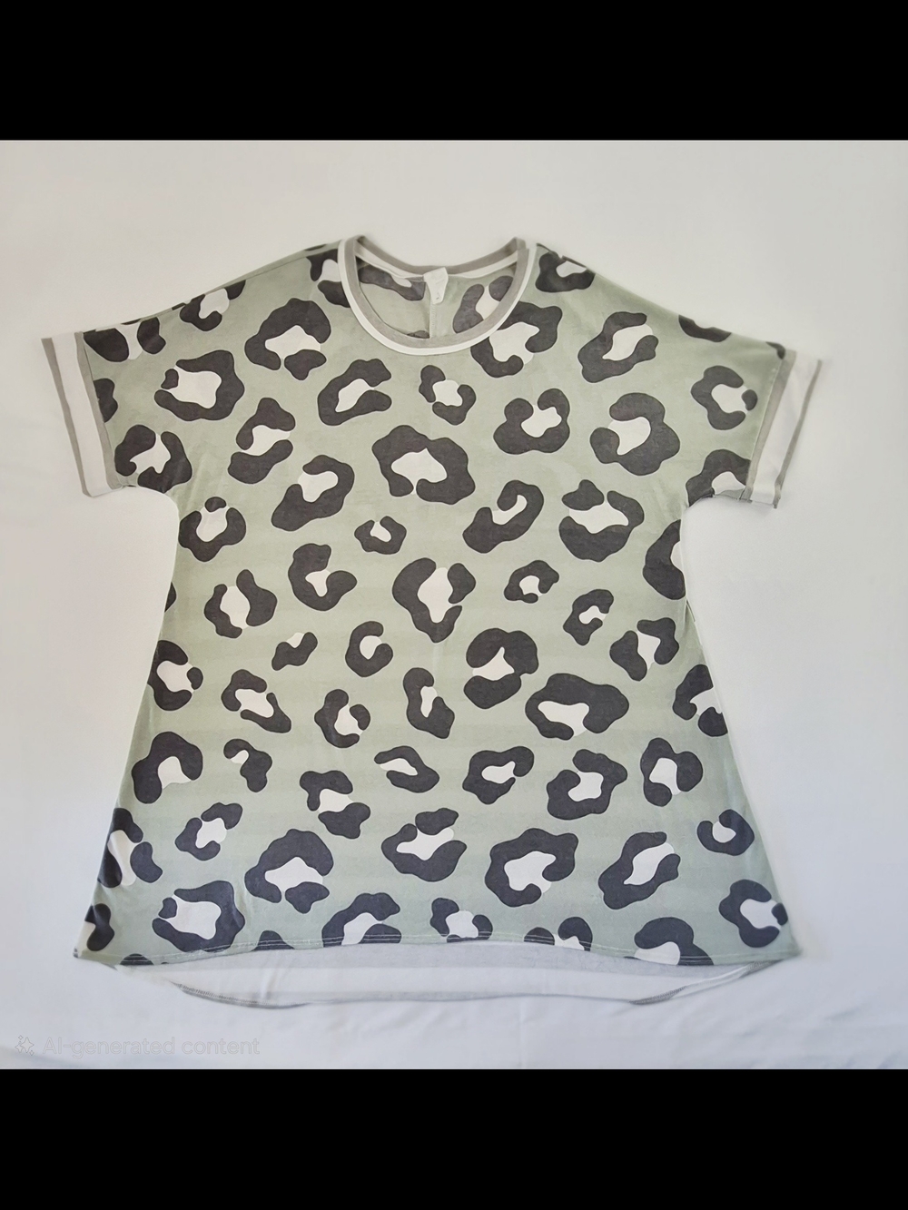Women’s Short Sleeve Leopard Print and Striped Tee in Sage Green, gray and white